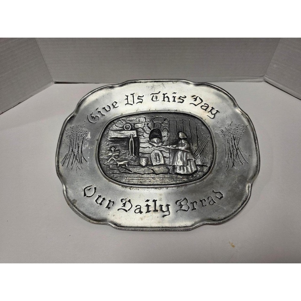 vintage Dura Cast pewter tray colonial kitchen Give Us This Day‎ Our Daily Bread